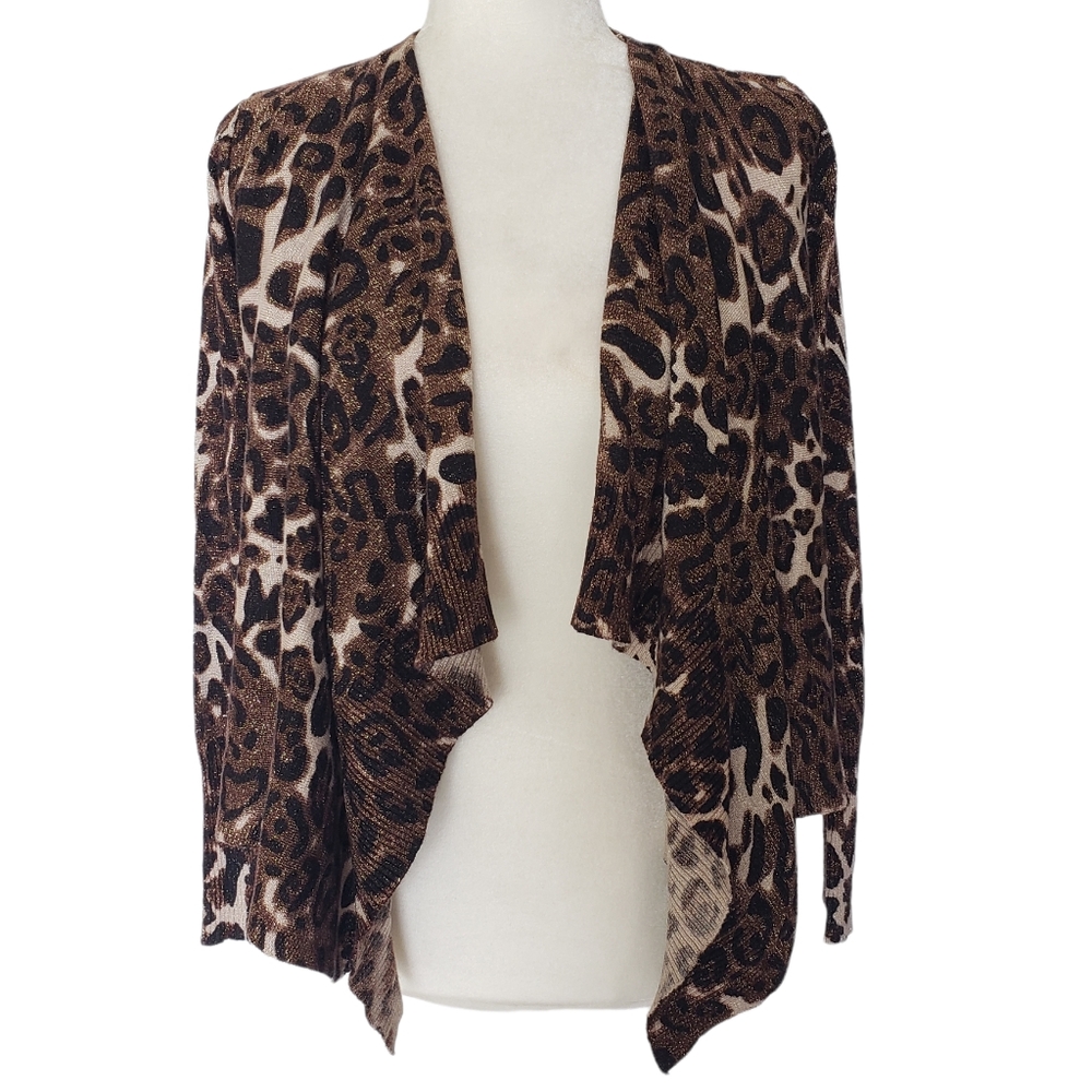 Peter Nygard Cardigan Sweater Animal Print Open Waterfall Front Black Brown Gold